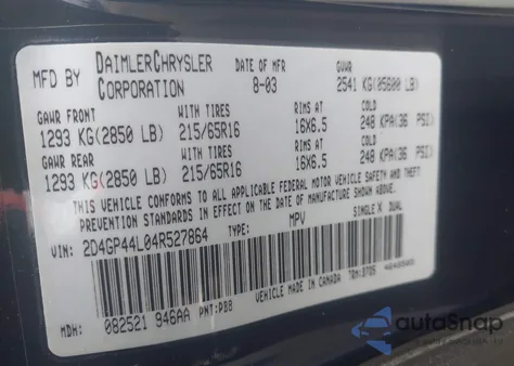 2004 Dodge Grand Caravan Sxt z USA, uszkodzony, nr VIN 2D4GP44L04R527864